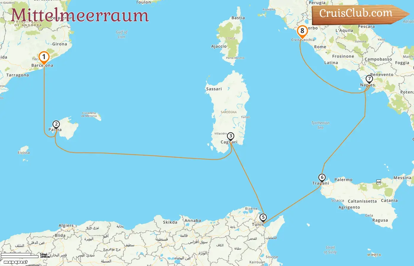 Kreuzfahrt im Mittelmeer von Barcelona nach Civitavecchia an Bord des Silver Dawn Schiffes mit Besuchen in Spanien, Italien und Tunesien für 8 Tage