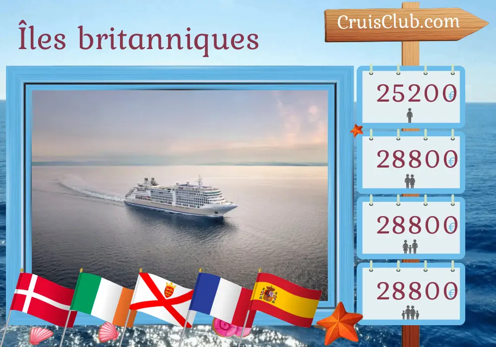 Croisière dans les îles britanniques de Copenhague à Lisbonne à bord du navire Silver Dawn avec des escales au Danemark, en Irlande, à Jersey, en France et en Espagne pendant 25 jours