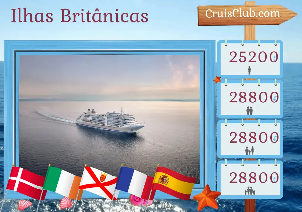 Cruzeiro pelas Ilhas Britânicas de Copenhague a Lisboa a bordo do navio Silver Dawn com visitas à Dinamarca, Irlanda, Jersey, França e Espanha por 25 dias