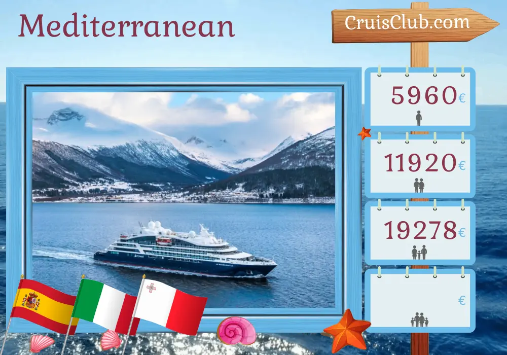 Cruise in the Mediterranean from Malaga to Valletta aboard Le Bougainville ship with visits to Spain, Italy, and Malta for 8 days