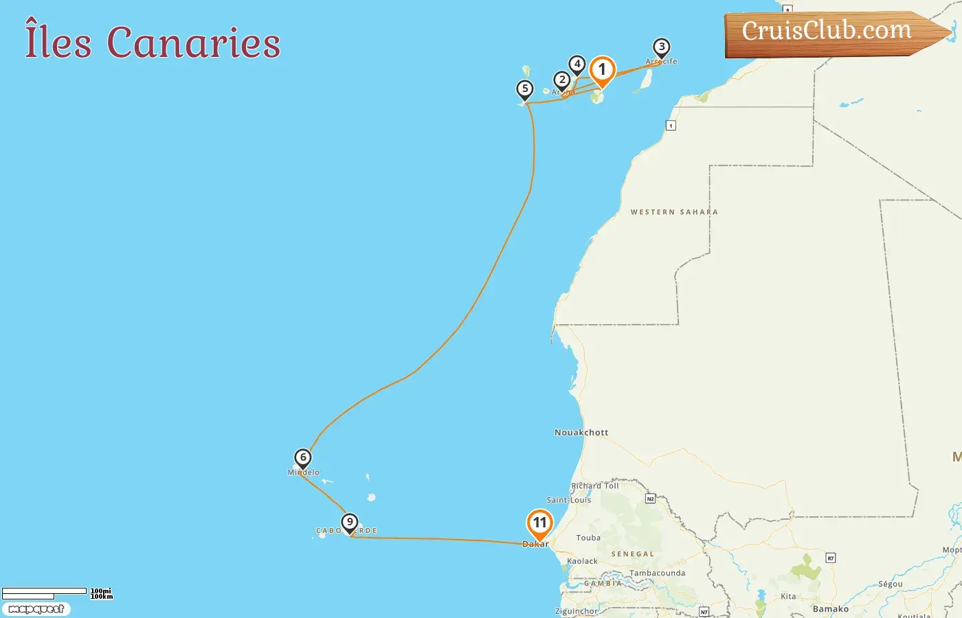 Croisière dans les îles Canaries de Las Palmas à Dakar à bord du navire Le Bougainville avec visites en Espagne et au Sénégal pendant 11 jours