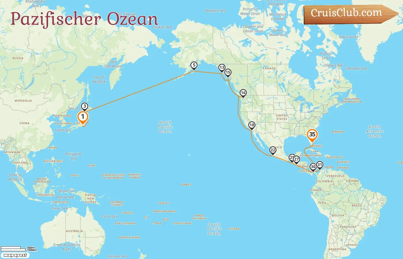 Kreuzfahrt im Pazifischen Ozean von Yokohama nach Fort Lauderdale an Bord des Schiffes Volendam mit Stopps in Japan, USA, Mexiko, El Salvador, Panama und Kolumbien für 35 Tage