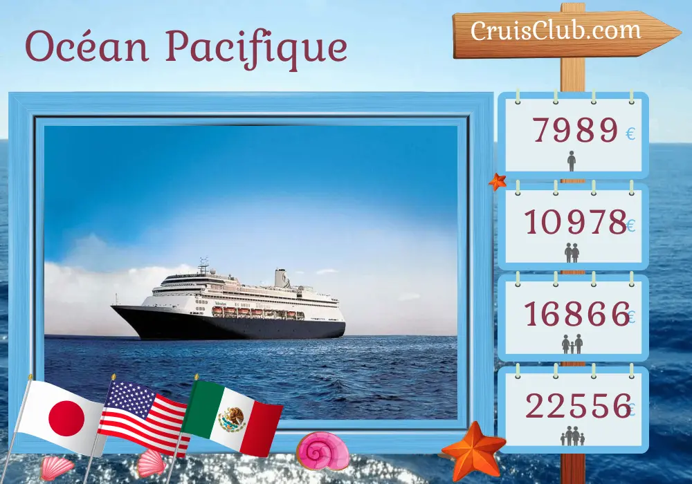 Croisière dans l`océan Pacifique de Yokohama à Fort Lauderdale à bord du navire Volendam avec des escales au Japon, aux États-Unis, au Mexique, au Salvador, au Panama et en Colombie pendant 35 jours