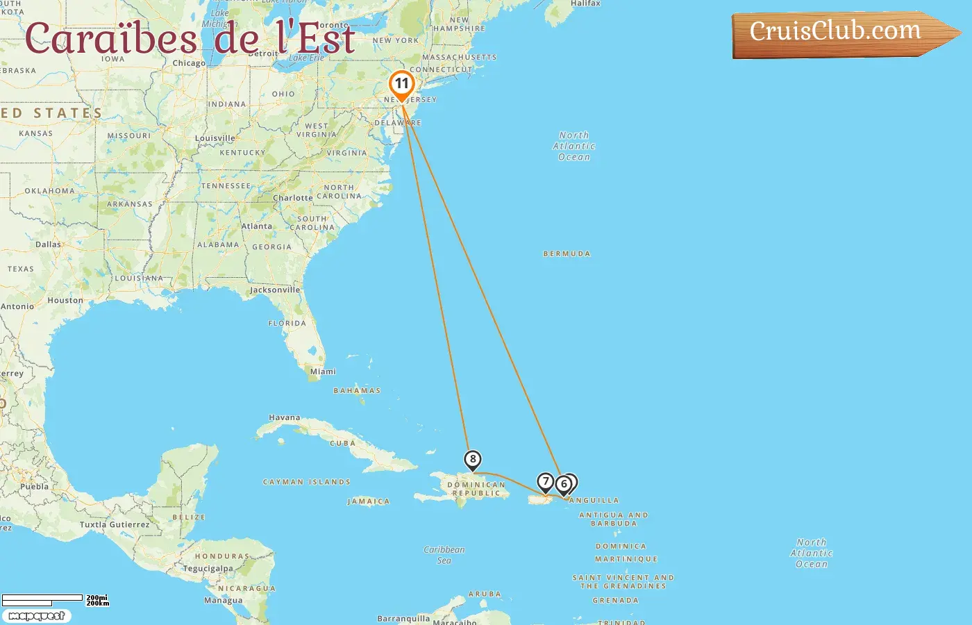 Croisière dans les Caraïbes de l`Est depuis Philadelphie à bord du navire Norwegian Pearl avec des visites aux États-Unis, aux îles Vierges britanniques, à Porto Rico et en République dominicaine pendant 11 jours