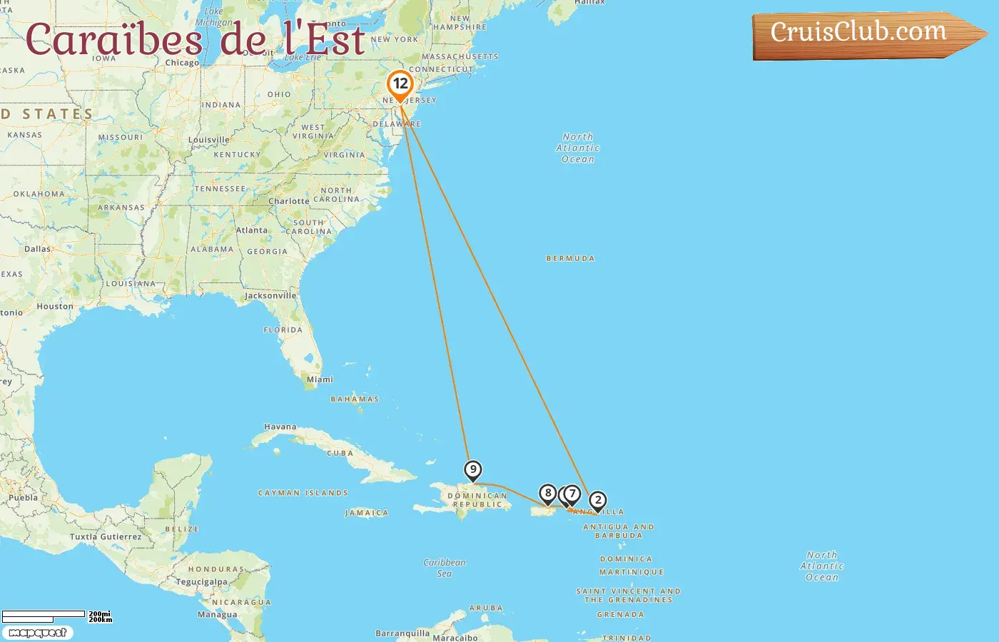 Croisière dans les Caraïbes de l`Est au départ de Philadelphie à bord du navire Norwegian Pearl avec des visites aux États-Unis, aux îles Vierges britanniques, à Porto Rico et en République dominicaine pendant 12 jours