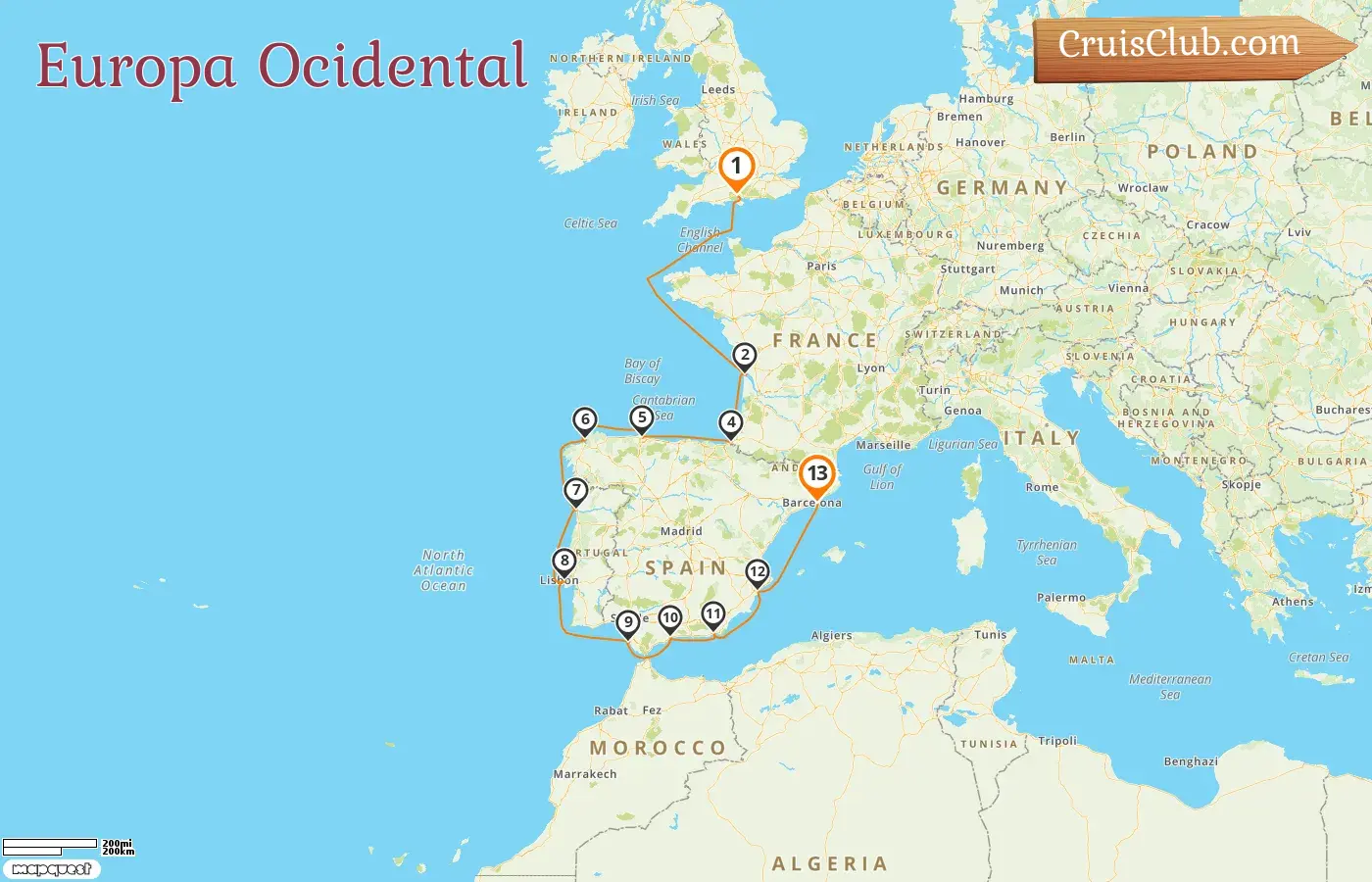 Cruzeiro pela Europa Ocidental de Southampton a Barcelona a bordo do navio Oceania Sirena com visitas a França, Espanha e Portugal por 13 dias
