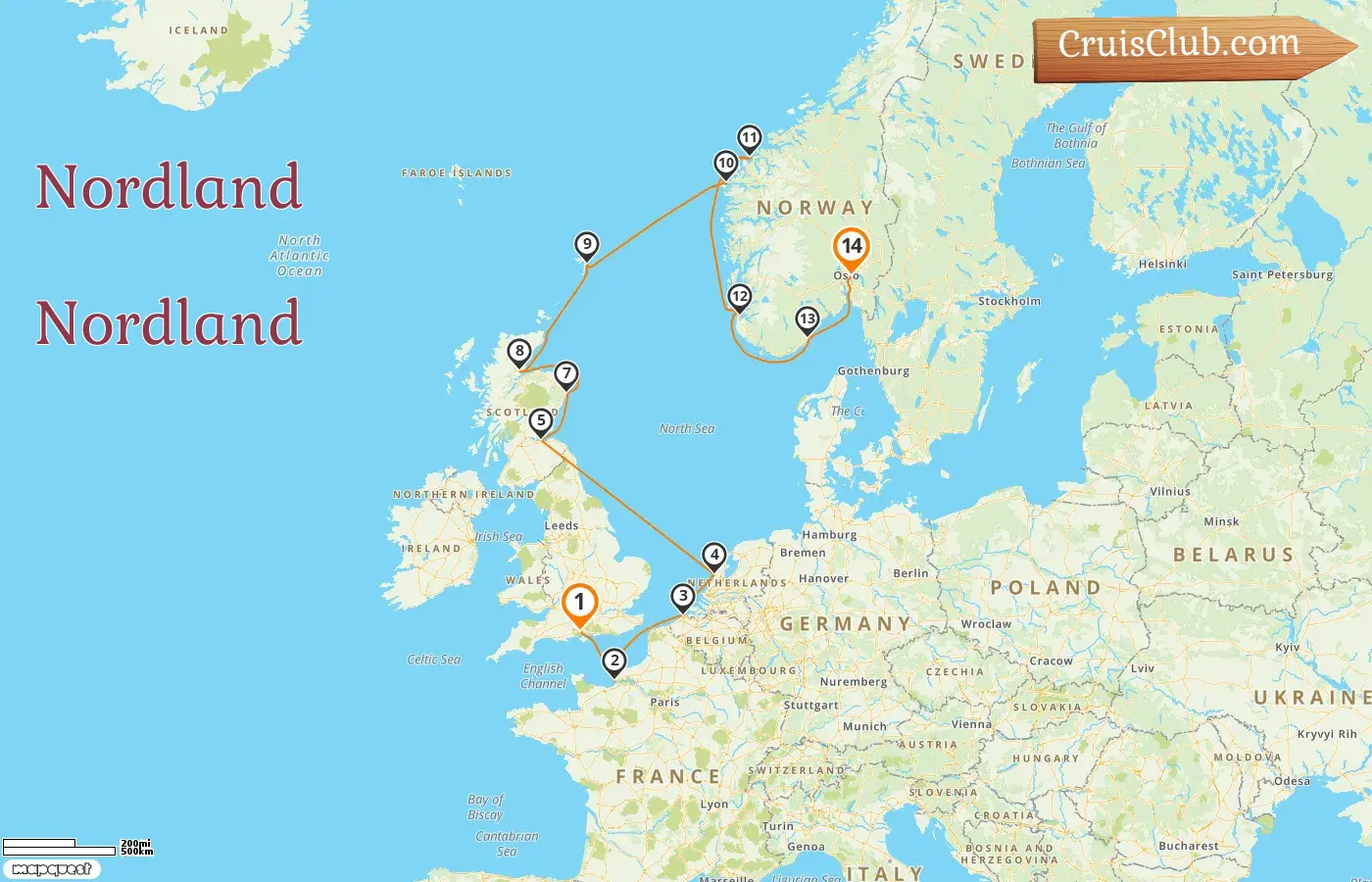 Cruzeiro no Norte de Southampton para Oslo a bordo do navio Oceania Sirena com visitas à França, Bélgica, Holanda e Noruega por 14 dias