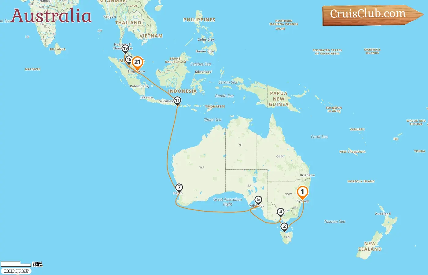 Crucero por Australia desde Sídney hasta Singapur a bordo del Coral Princess con visitas a Australia, Indonesia, Malasia y Singapur durante 21 días