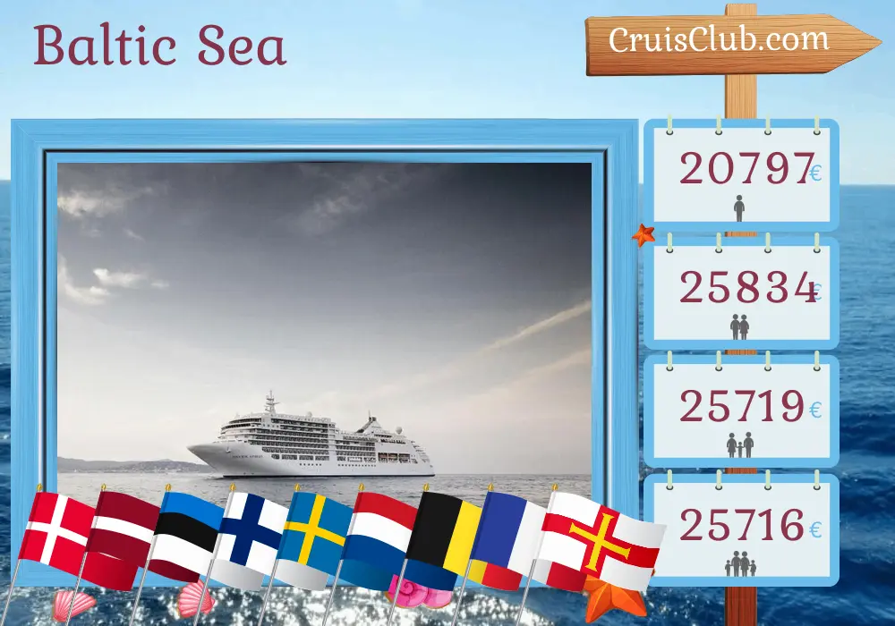 Cruise in the Baltic Sea from Copenhagen to Southampton aboard Silver Spirit ship with visits to Denmark, Poland, Latvia, Estonia, Finland, Sweden, Netherlands, Belgium, France, and Guernsey for 24 days