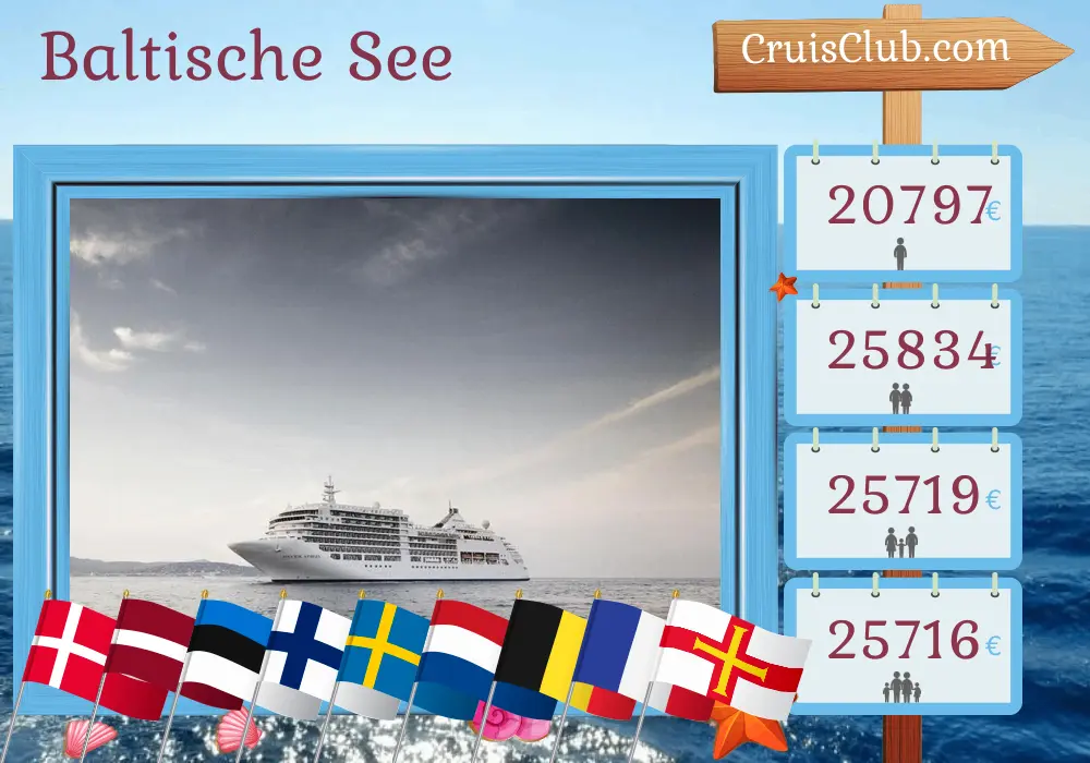Kreuzfahrt in der Ostsee von Kopenhagen nach Southampton an Bord des Schiffes Silver Spirit mit Besuchen in Dänemark, Polen, Lettland, Estland, Finnland, Schweden, den Niederlanden, Belgien, Frankreich und Guernsey für 24 Tage