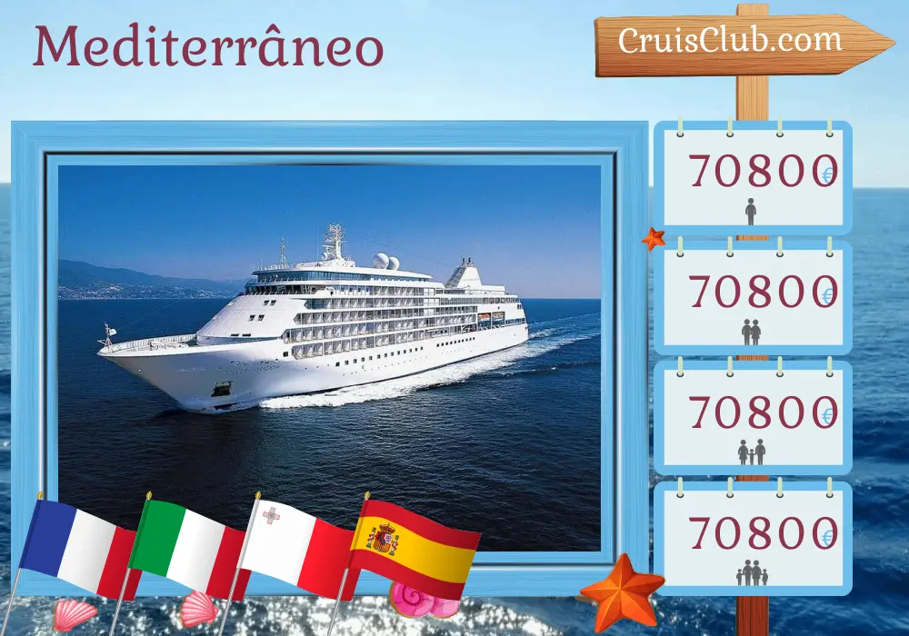 Cruzeiro no Mediterrâneo a partir de Nice a bordo do navio Silver Shadow com visitas à França, Itália, Malta e Espanha por 25 dias