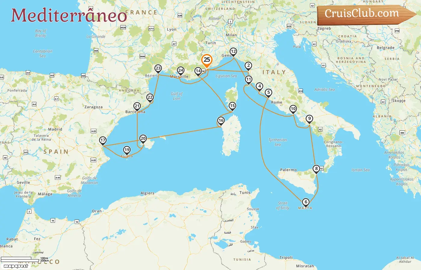 Cruzeiro no Mediterrâneo a partir de Nice a bordo do navio Silver Shadow com visitas à França, Itália, Malta e Espanha por 25 dias