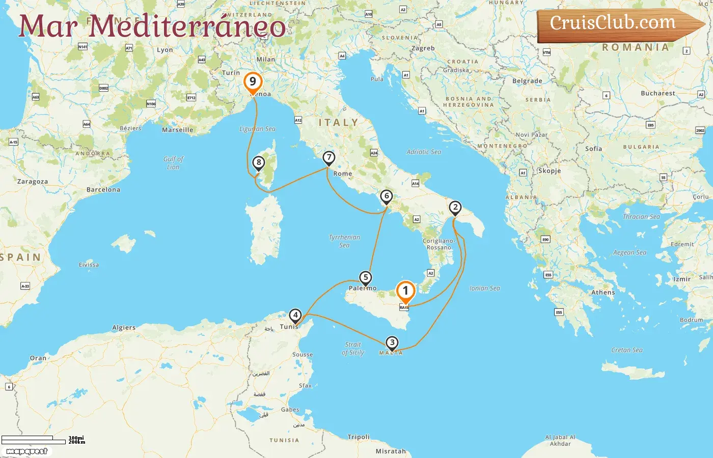 Crucero por el Mediterráneo de Catania a Savona a bordo del barco Costa Fascinosa con visitas a Italia, Malta, Túnez y Francia durante 9 días