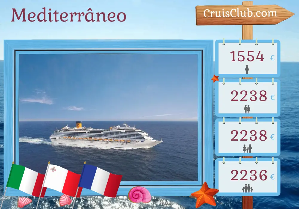 Cruzeiro no Mediterrâneo de Catânia a Savona a bordo do navio Costa Fascinosa com visitas à Itália, Malta, Tunísia e França por 9 dias