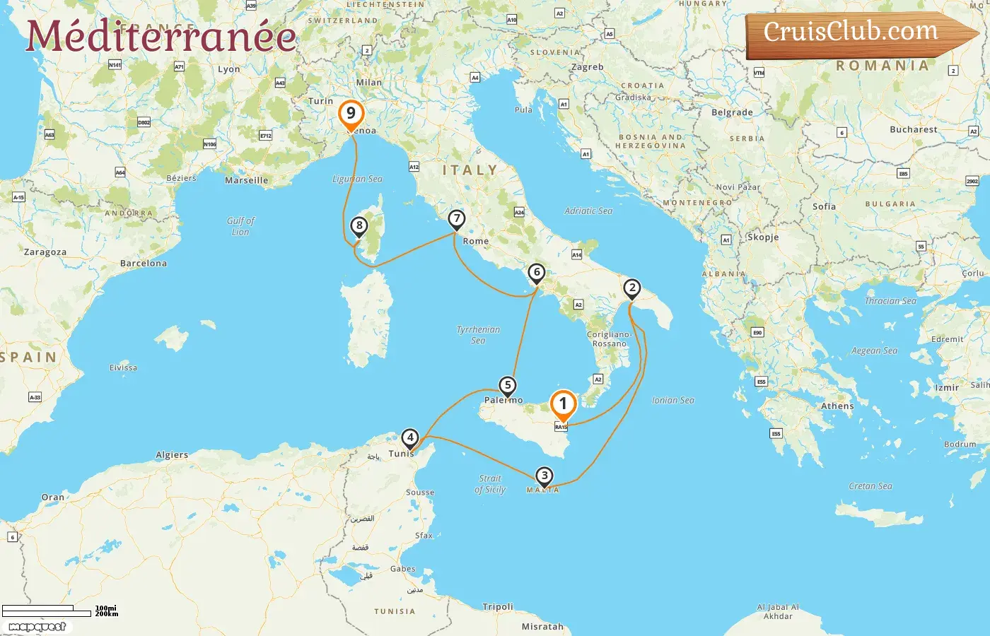 Croisière en Méditerranée de Catane à Savone à bord du navire Costa Fascinosa avec des arrêts en Italie, à Malte, en Tunisie et en France pendant 9 jours