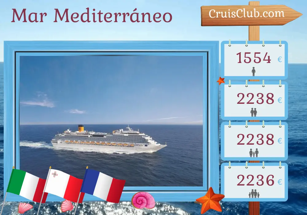 Crucero por el Mediterráneo de Catania a Savona a bordo del barco Costa Fascinosa con visitas a Italia, Malta, Túnez y Francia durante 9 días