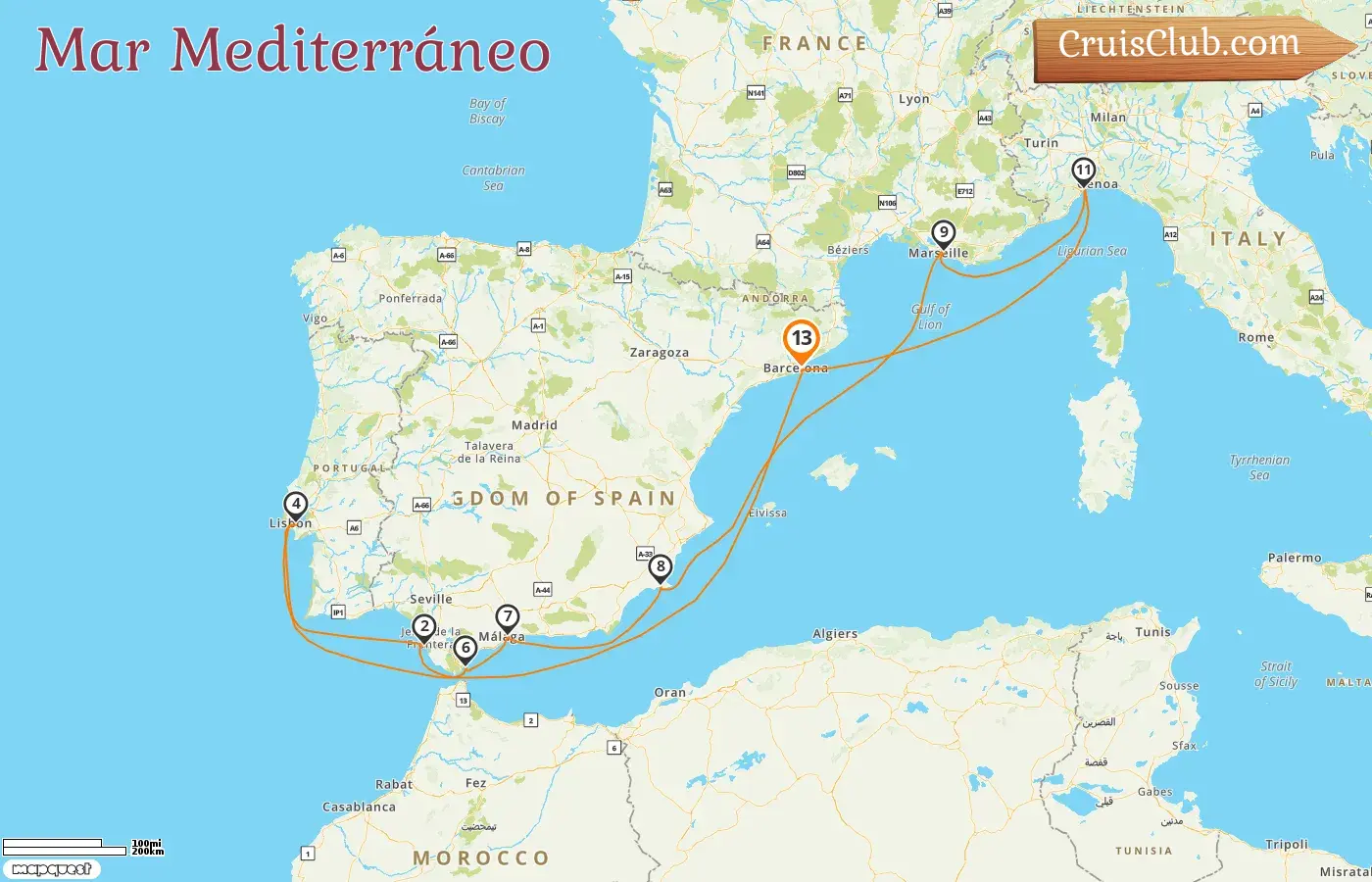 Crucero por el Mediterráneo desde Barcelona a bordo del barco Costa Diadema con visitas a España, Gibraltar, Francia e Italia durante 13 días