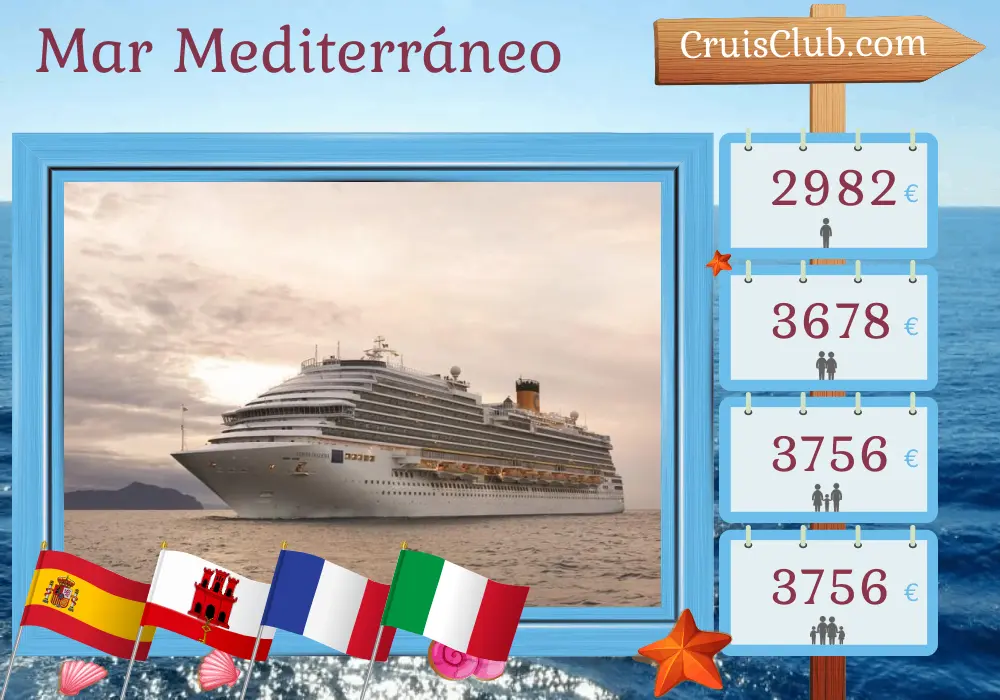 Crucero por el Mediterráneo desde Barcelona a bordo del barco Costa Diadema con visitas a España, Gibraltar, Francia e Italia durante 13 días