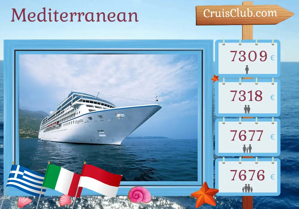 Cruise in the Mediterranean from Piraeus to Monte Carlo aboard Oceania Regatta ship with visits to Greece, Turkey, Tunisia, Italy, and Monaco for 13 days