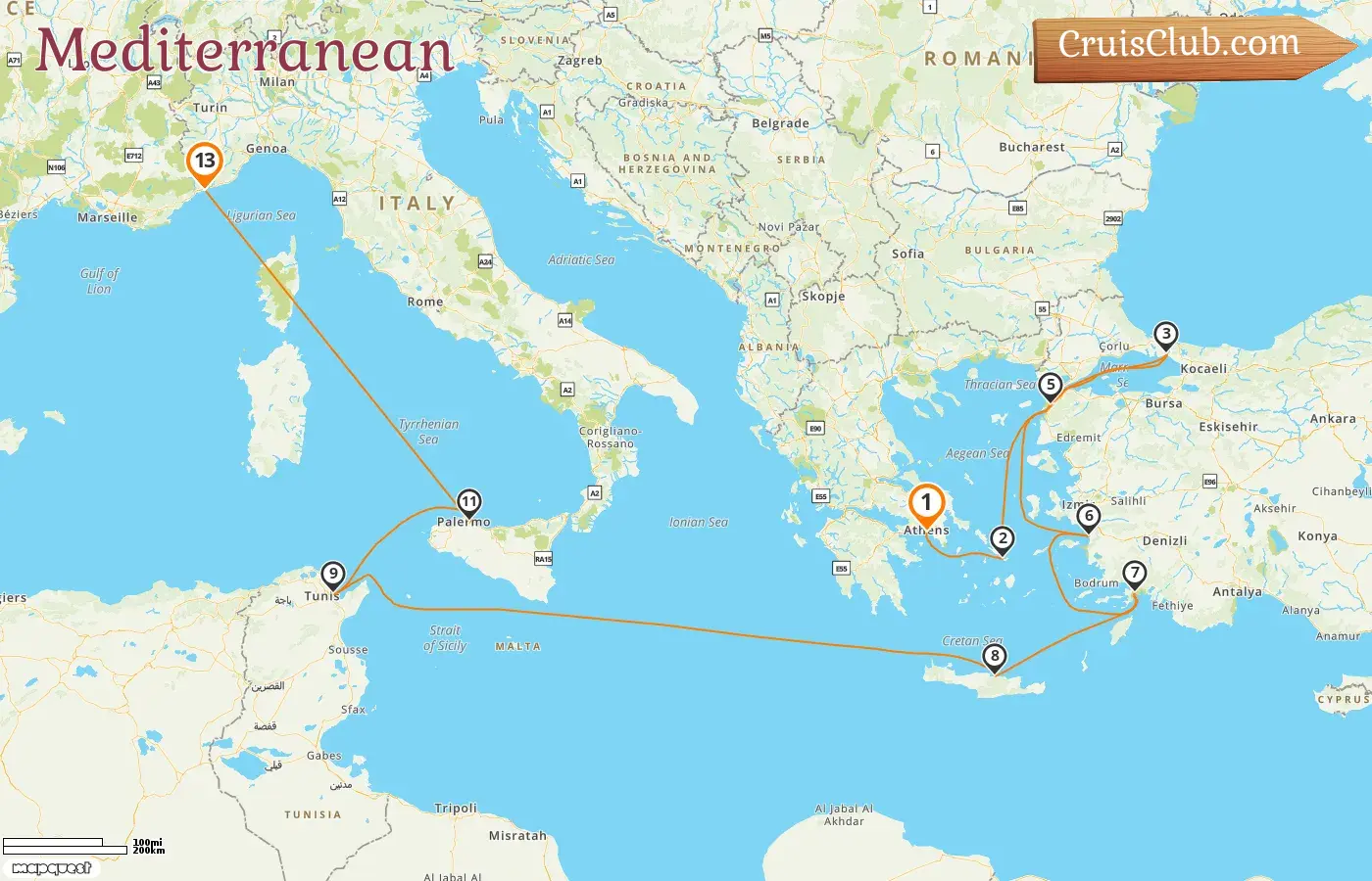 Cruise in the Mediterranean from Piraeus to Monte Carlo aboard Oceania Regatta ship with visits to Greece, Turkey, Tunisia, Italy, and Monaco for 13 days