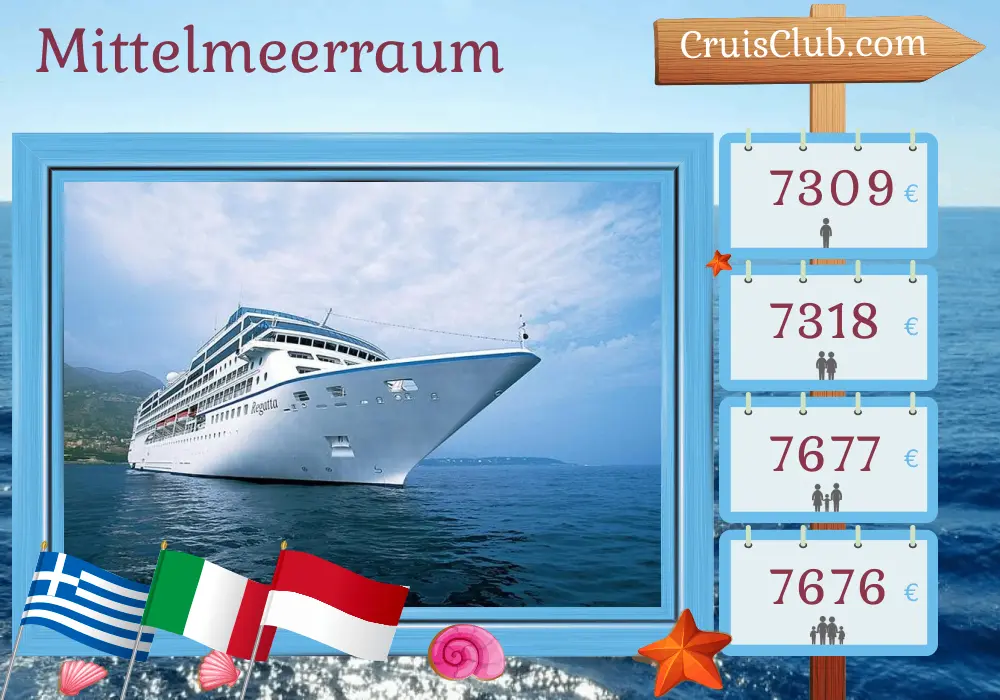 Kreuzfahrt im Mittelmeer von Piräus nach Monte Carlo an Bord des Schiffes Oceania Regatta mit Besuchen in Griechenland, der Türkei, Tunesien, Italien und Monaco für 13 Tage