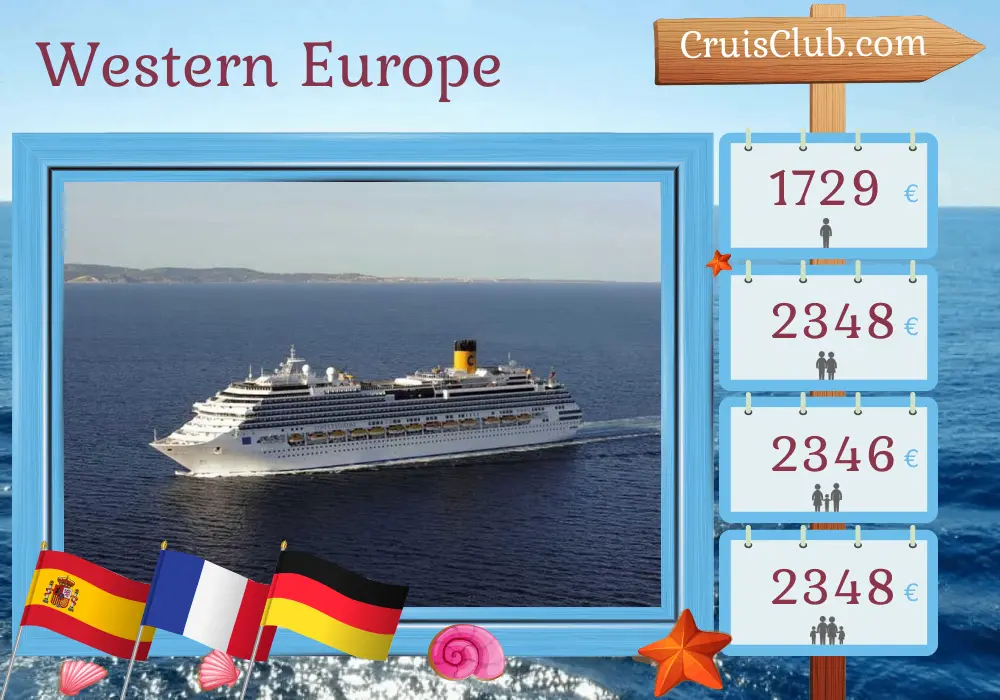 Cruise in the Western Europe from Barcelona to Hamburg aboard Costa Favolosa ship with visits to Spain, France, and Germany for 12 days