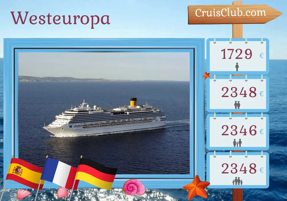 Kreuzfahrt in Westeuropa von Barcelona nach Hamburg an Bord des Costa Favolosa-Schiffs mit Besuchen in Spanien, Frankreich und Deutschland für 12 Tage