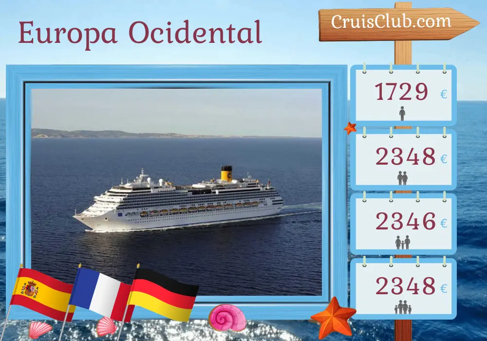 Cruzeiro no Oeste da Europa de Barcelona para Hamburgo a bordo do navio Costa Favolosa com visitas à Espanha, França e Alemanha por 12 dias