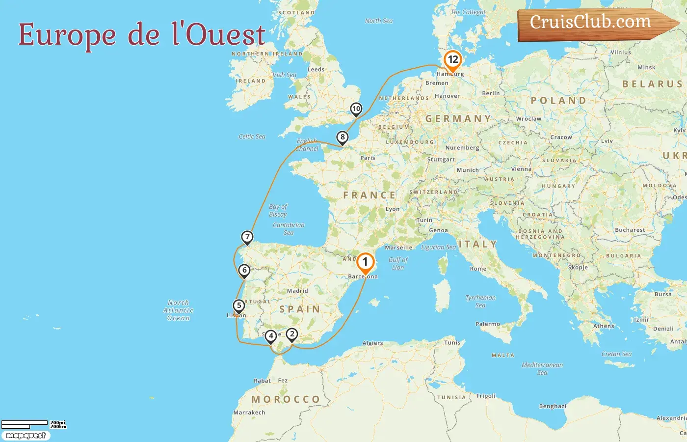 Croisière en Europe de l`Ouest de Barcelone à Hambourg à bord du navire Costa Favolosa avec des visites en Espagne, en France et en Allemagne pendant 12 jours