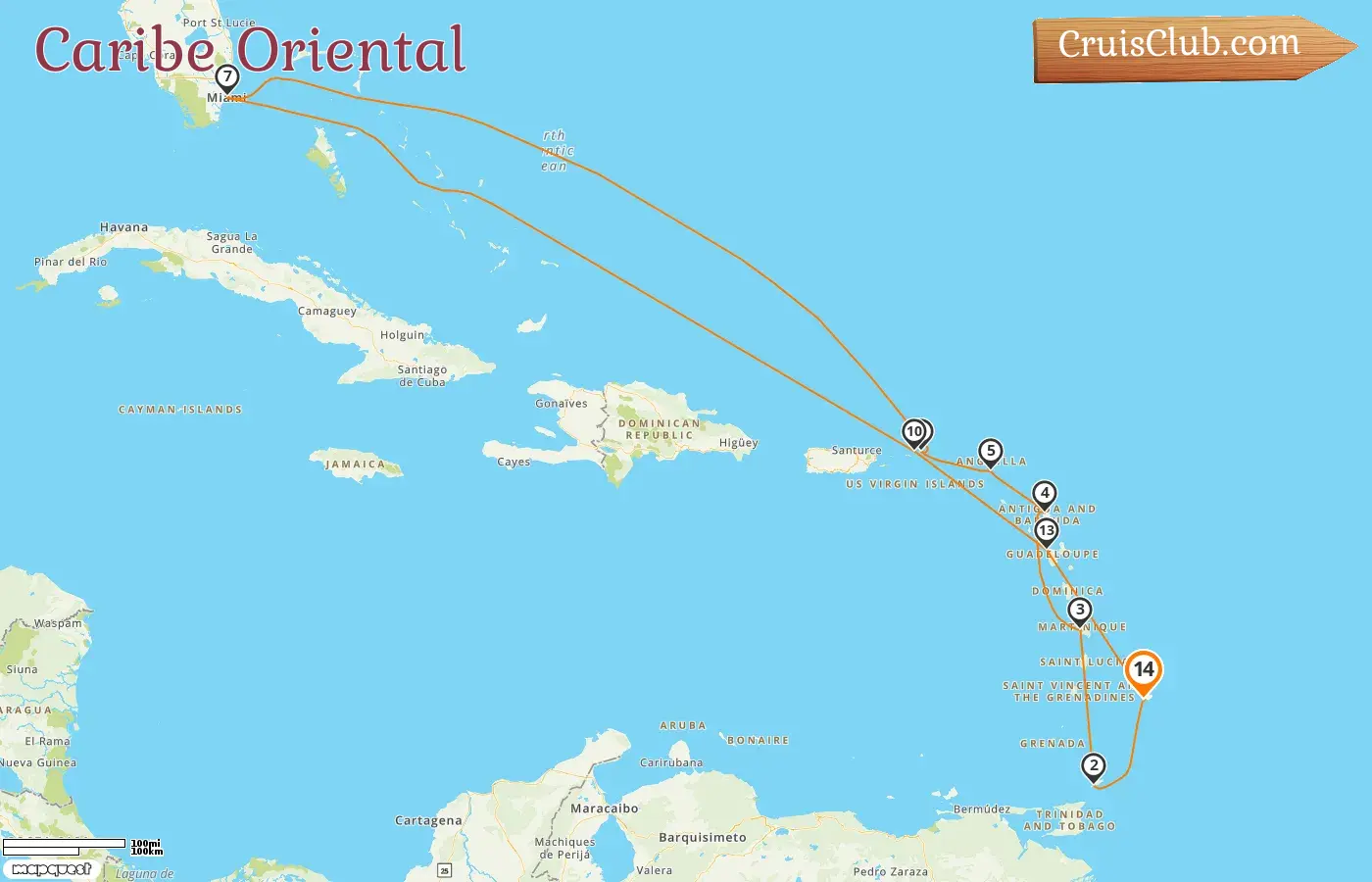 Cruzeiro no Caribe Oriental partindo de Bridgetown a bordo do navio EXPLORA I com visitas a Barbados, Trinidad e Tobago, EUA, Ilhas Virgens Britânicas e Guadalupe por 14 dias
