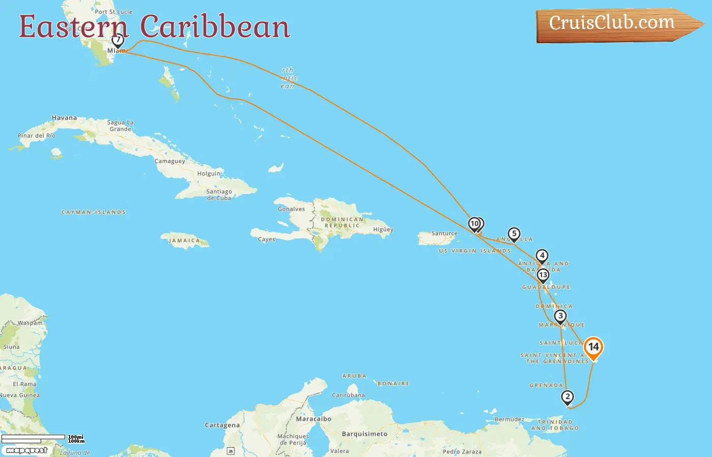Cruise in the Eastern Caribbean from Bridgetown aboard EXPLORA I ship with visits to Barbados, Trinidad and Tobago, USA, British Virgin Islands, and Guadeloupe for 14 days
