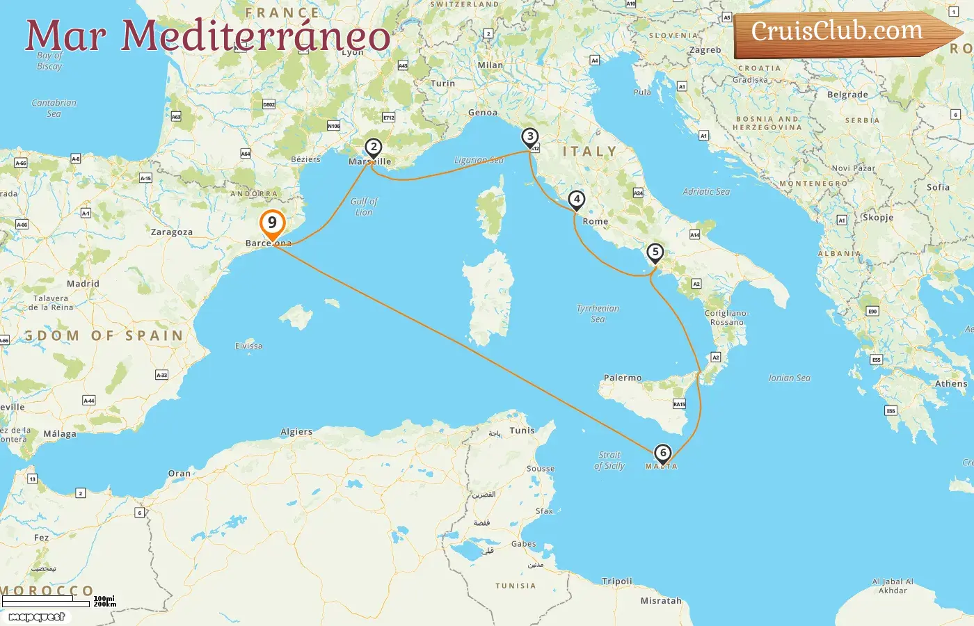 Crucero por el Mediterráneo desde Barcelona a bordo del barco Carnival Freedom con visitas a España, Francia, Italia y Malta durante 9 días