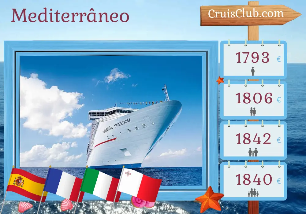 Cruzeiro no Mediterrâneo saindo de Barcelona a bordo do navio Carnival Freedom com visitas à Espanha, França, Itália e Malta por 9 dias