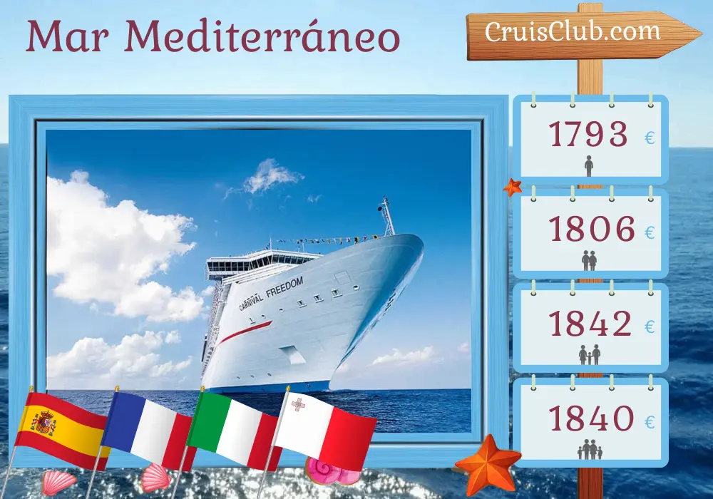 Crucero por el Mediterráneo desde Barcelona a bordo del barco Carnival Freedom con visitas a España, Francia, Italia y Malta durante 9 días