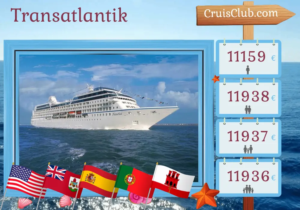 Kreuzfahrt im Transatlantik von Miami nach Barcelona an Bord des Schiffes Oceania Nautica mit Stopps in den USA, Bermuda, Spanien, Marokko, Portugal und Gibraltar für 26 Tage
