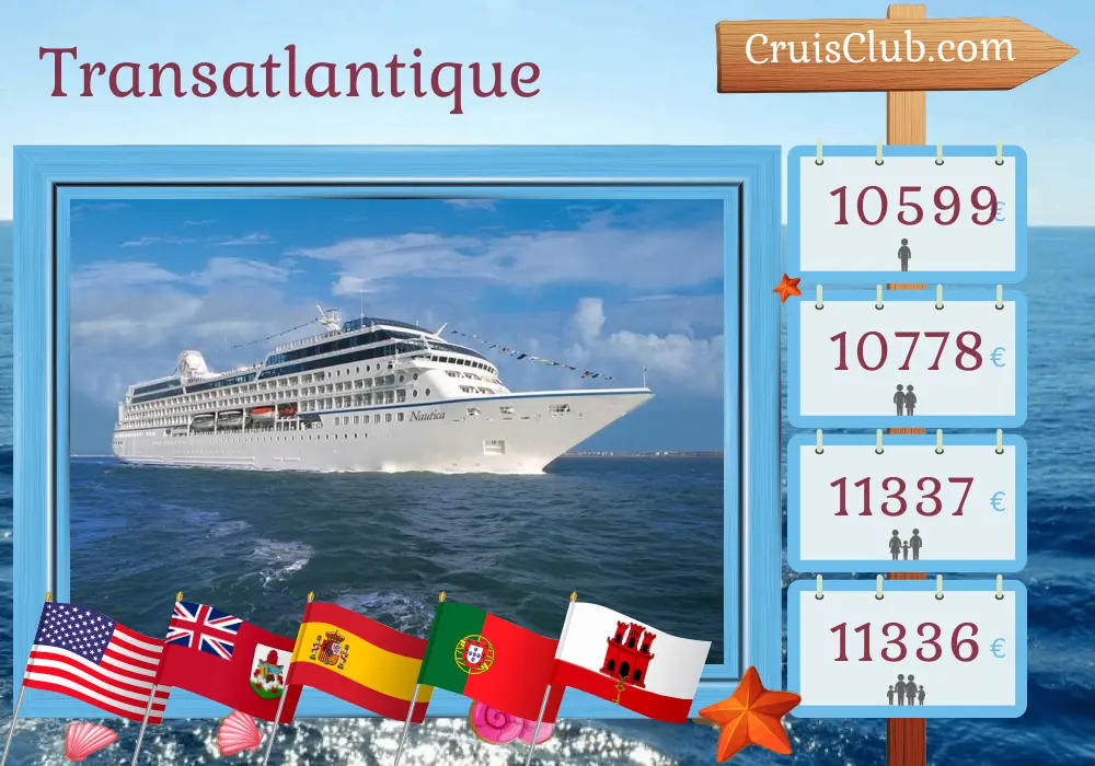 Croisière transatlantique de Miami à Barcelone à bord du navire Oceania Nautica avec des escales aux États-Unis, aux Bermudes, en Espagne, au Maroc, au Portugal et à Gibraltar pendant 26 jours