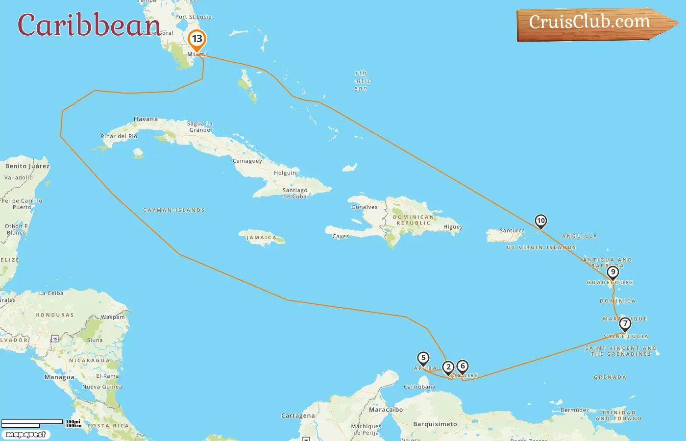 Cruise in the Caribbean from Miami aboard Oceania Nautica ship with visits to USA, Curaçao, Aruba, Guadeloupe, and British Virgin Islands for 13 days