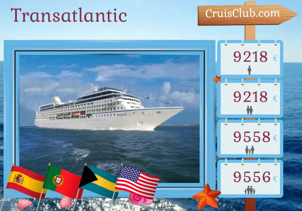 Cruise in the Transatlantic from Barcelona to Miami aboard Oceania Insignia ship with visits to Spain, Portugal, Puerto Rico, Bahamas, and USA for 23 days