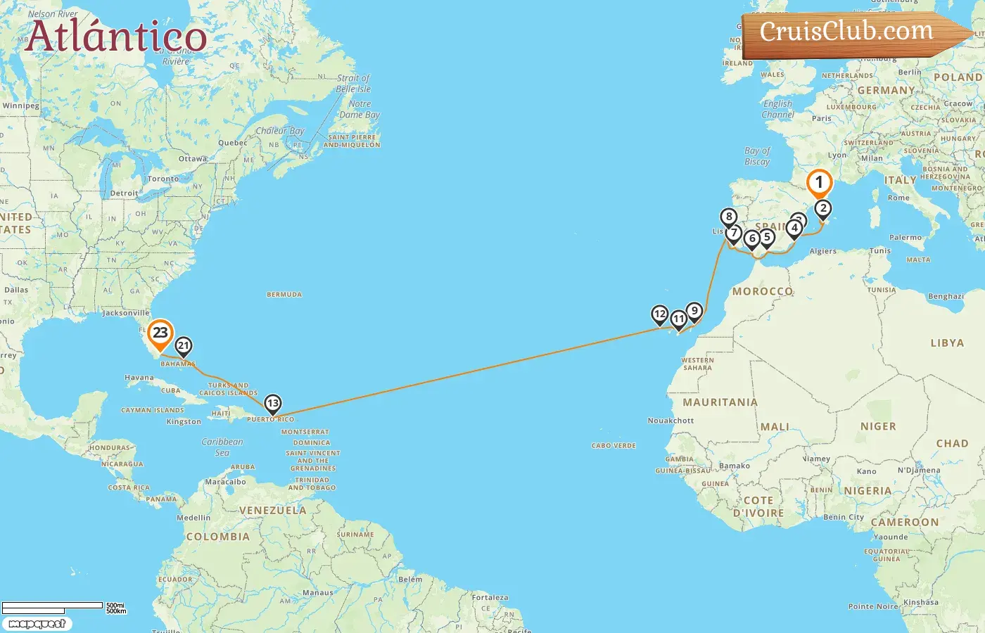 Crucero Transatlántico de Barcelona a Miami a bordo del barco Oceania Insignia con visitas a España, Portugal, Puerto Rico, Bahamas y Estados Unidos durante 23 días