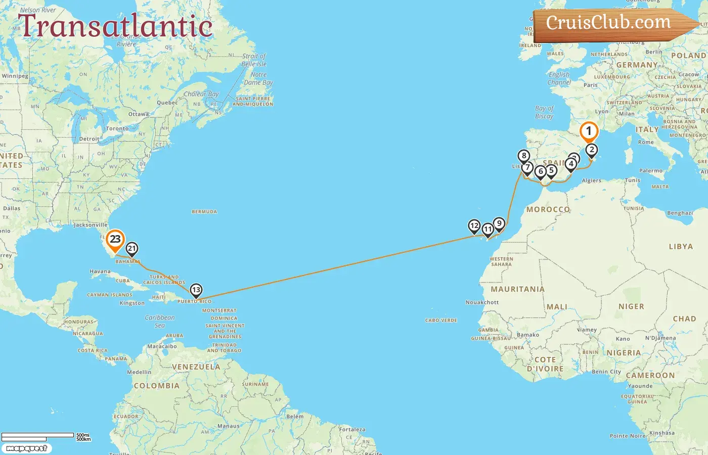 Cruise in the Transatlantic from Barcelona to Miami aboard Oceania Insignia ship with visits to Spain, Portugal, Puerto Rico, Bahamas, and USA for 23 days