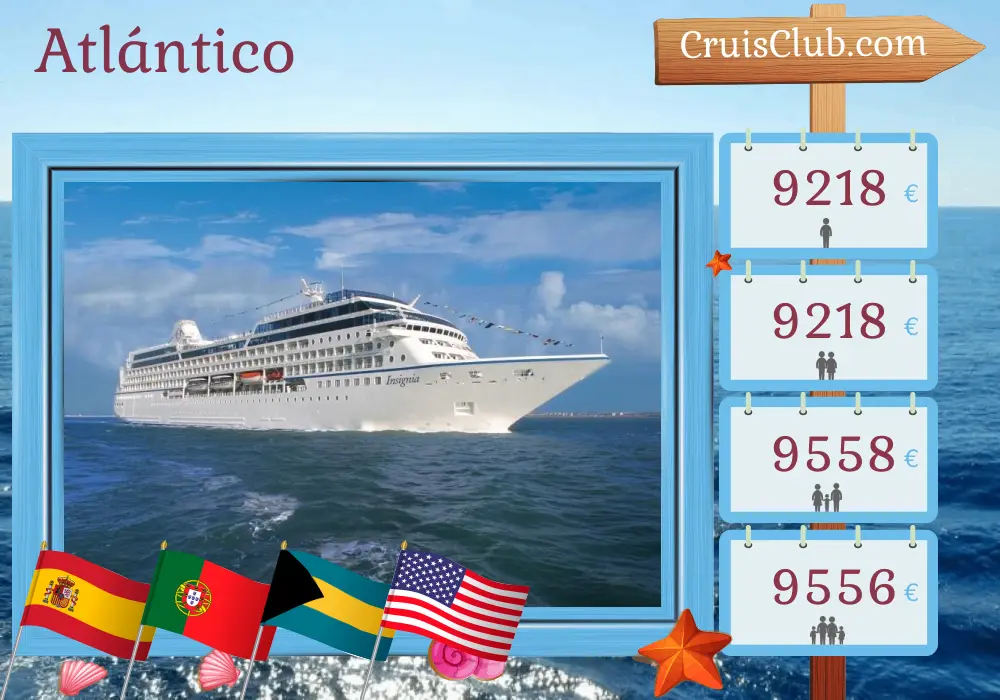 Crucero Transatlántico de Barcelona a Miami a bordo del barco Oceania Insignia con visitas a España, Portugal, Puerto Rico, Bahamas y Estados Unidos durante 23 días