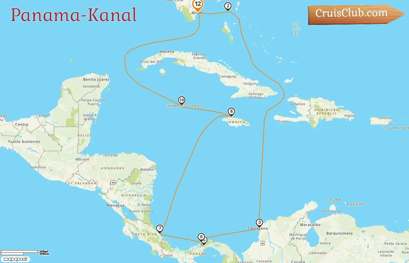 Kreuzfahrt im Panamakanal von Miami an Bord des Schiffes Norwegian Sun mit Stopps in den USA, den Bahamas, Kolumbien, Panama, Costa Rica, Jamaika und den Cayman Islands für 12 Tage