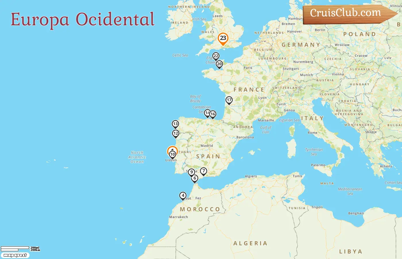 Cruzeiro no oeste da Europa de Lisboa a Southampton a bordo do navio Silver Spirit com visitas a Espanha, Marrocos, França e Guernsey por 23 dias