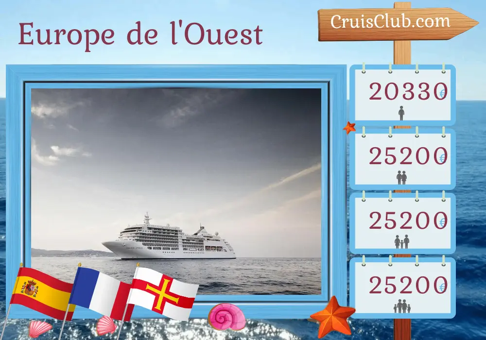 Croisière en Europe de l`Ouest de Lisbonne à Southampton à bord du navire Silver Spirit avec des arrêts en Espagne, au Maroc, en France et à Guernesey pendant 23 jours