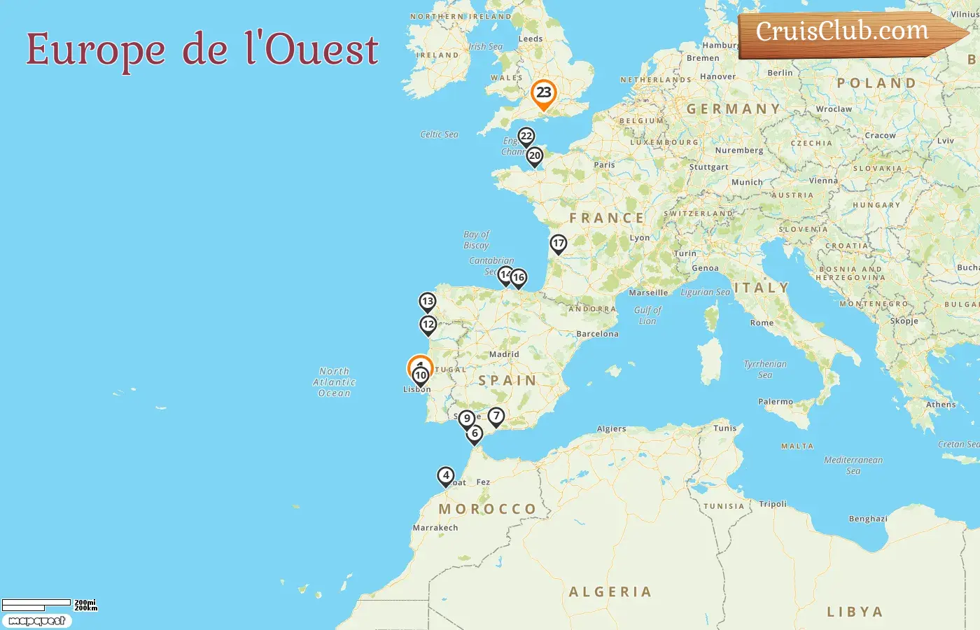 Croisière en Europe de l`Ouest de Lisbonne à Southampton à bord du navire Silver Spirit avec des arrêts en Espagne, au Maroc, en France et à Guernesey pendant 23 jours