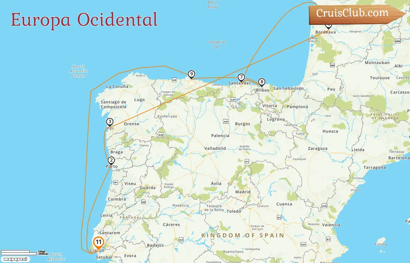 Cruzeiro na Europa Ocidental a partir de Lisboa a bordo do navio Silver Spirit com visitas a Espanha e França por 11 dias
