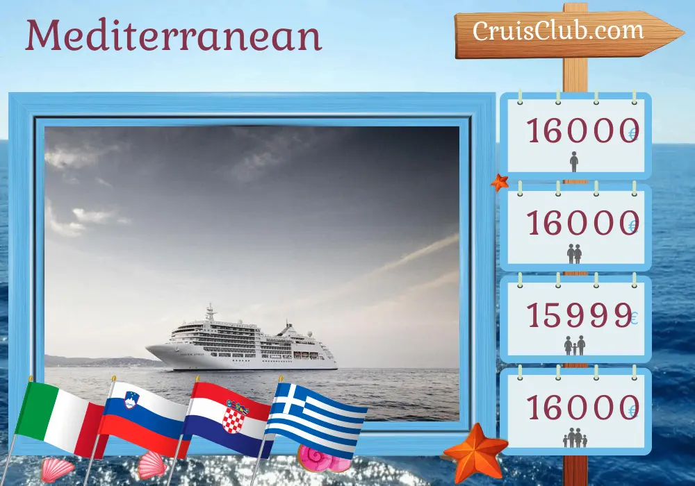 Cruise in the Mediterranean from Venice to Piraeus aboard Silver Spirit ship with visits to Italy, Slovenia, Croatia, and Greece for 11 days