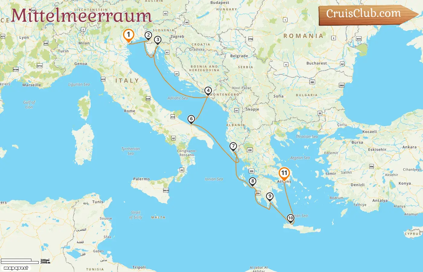 Kreuzfahrt im Mittelmeer von Venedig nach Piräus an Bord des Schiffes Silver Spirit mit Stopps in Italien, Slowenien, Kroatien und Griechenland für 11 Tage