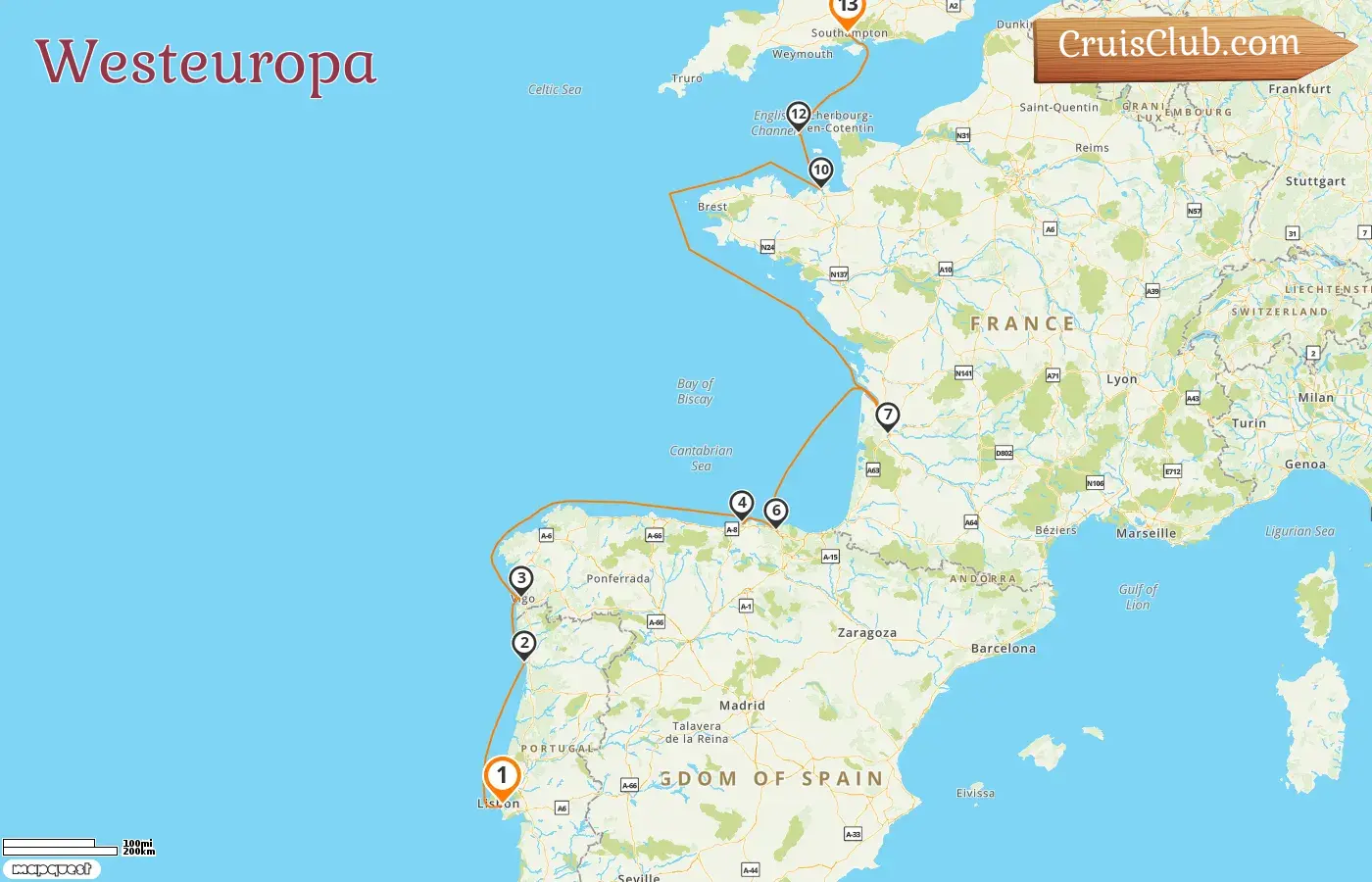 Kreuzfahrt im westlichen Europa von Lissabon nach Southampton an Bord des Schiffes Silver Spirit mit Stopps in Spanien, Frankreich und Guernsey für 13 Tage