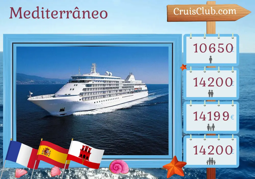 Cruzeiro no Mediterrâneo de Nice a Lisboa a bordo do navio Silver Shadow com visitas à França, Espanha e Gibraltar por 11 dias